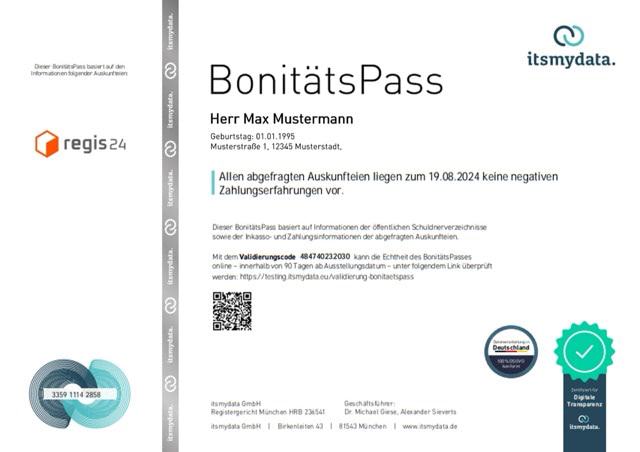 Beispiel eines Bonitätspasses in der MieterMappe