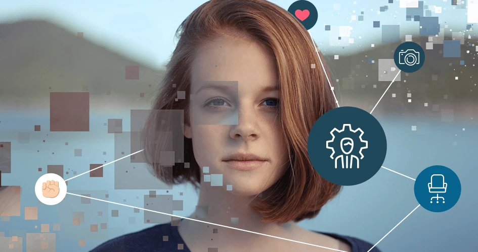 Junge Frau, die den Nutzer ansieht. Einige Icons schweben um die Frau herum - ein Herz-Emoji, eine Kamera, ein Bürostuhl, das Faust-Emoji und eine Figur mit Krawatte und Zahnrad im Hintergrund.