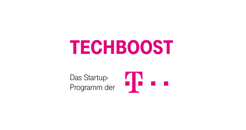 Logo von Techboost, dem Startup-Programm der Telekom auf weißem Hintergrund