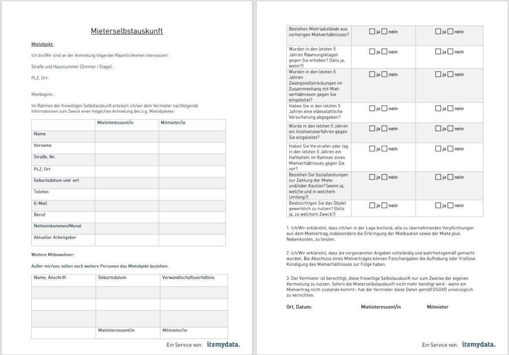 Mieterselbstauskunft - Darstellung des Musterdokuments