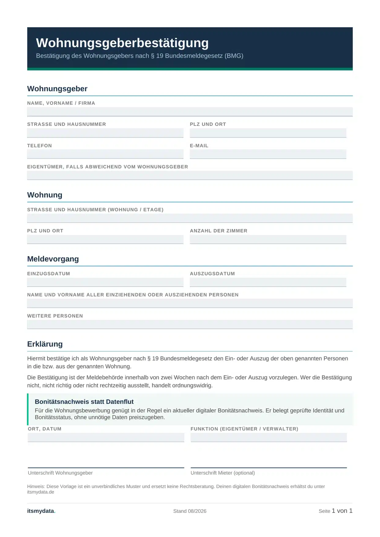 Wohnungsgeberbestätigung Vorlage 2026 nach § 19 Bundesmeldegesetz zum Ausfüllen